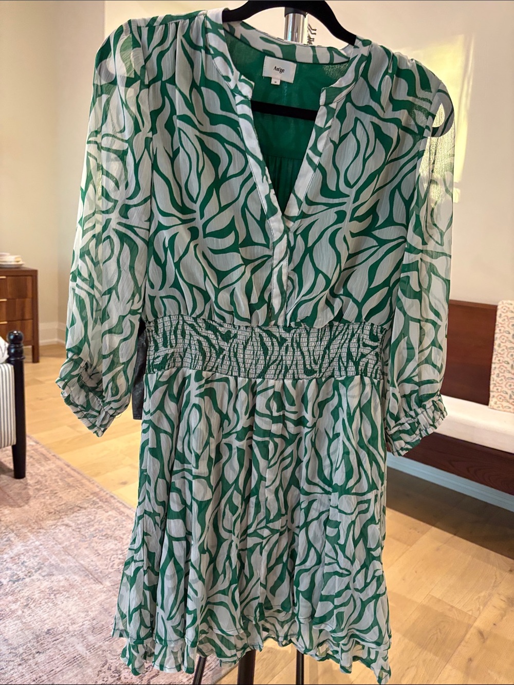 Aje Green and White Printed V-Neck Smocked Waist Dress